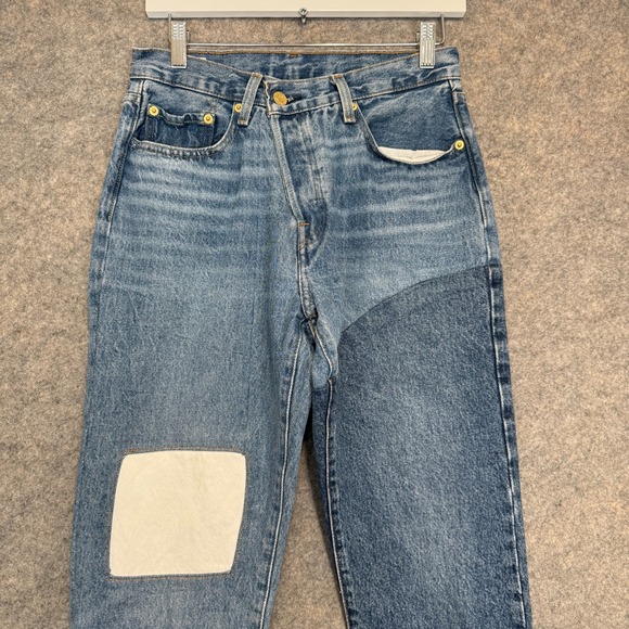Levi's 501 Patchwork Jeans Womens 27x28 Button Big E Colorblock Blue Black White - Picture 2 of 16
